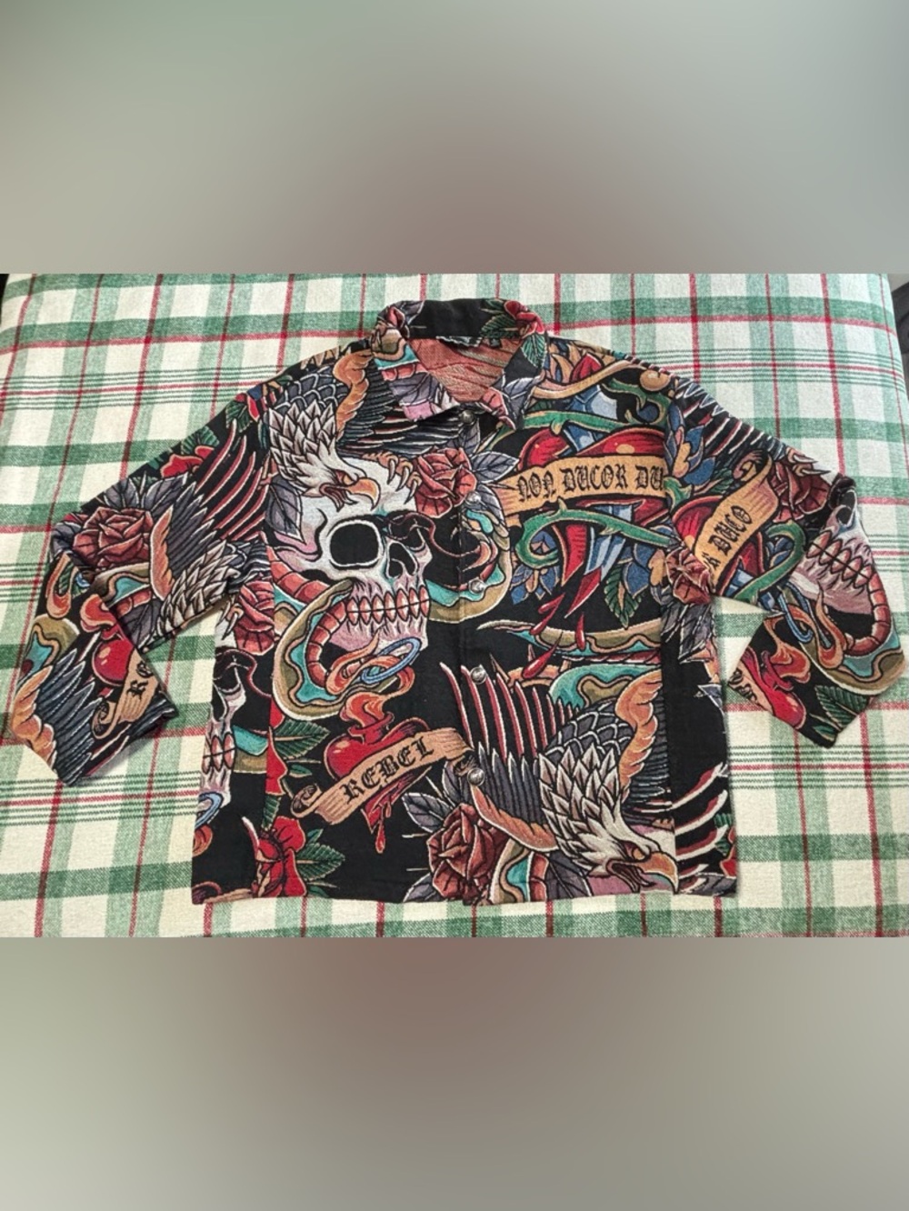 Rebel Vengeance Tapestry Jacket L - Tattoo Art Skull Eagle Rose Custom Buttons